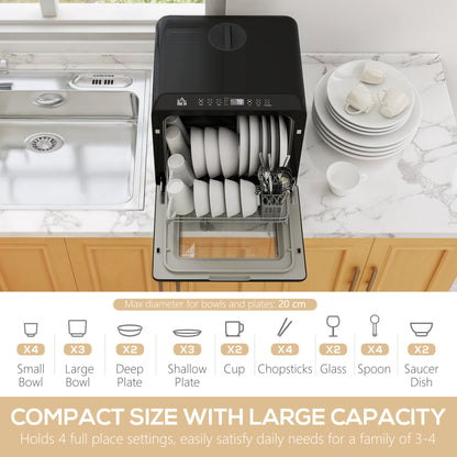 HOMCOM Table Top Dishwasher, Mini Countertop Dishwasher with Built-in 6L Water Tank, 6 Programs, Touch Control, LED Display, 4 Place Settings, Dual Water Supply and Air Drying Function, White