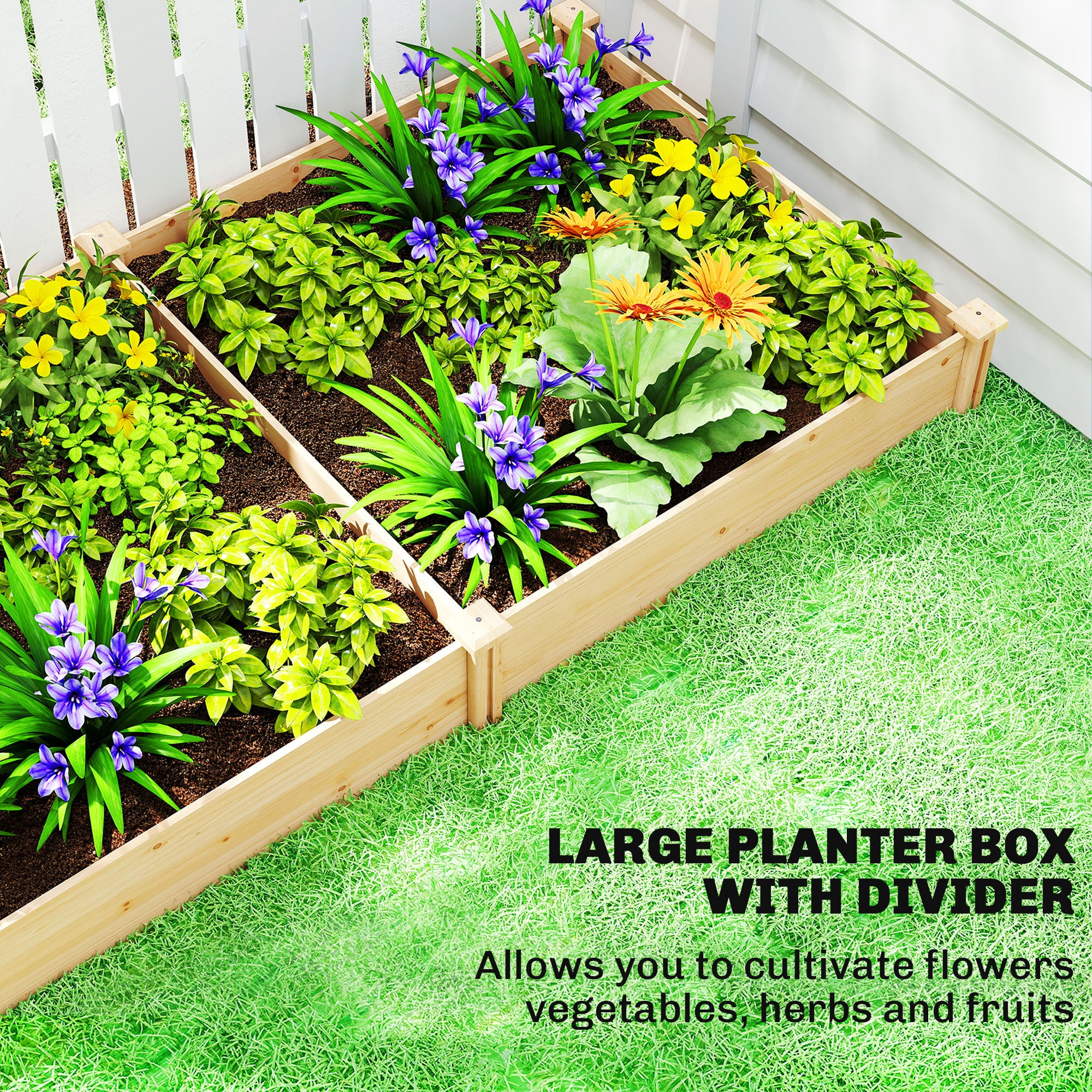 Outsunny Raised Garden Bed, Wooden Planter Box with Divider and Open Bottom for Flowers, Herbs, Vegetables, DIY Painting 