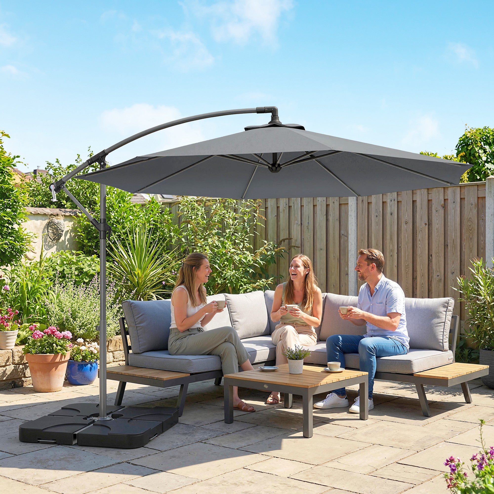Outsunny 3m Overhanging Parasol, with Base, Weights and Cover - Dark Grey 