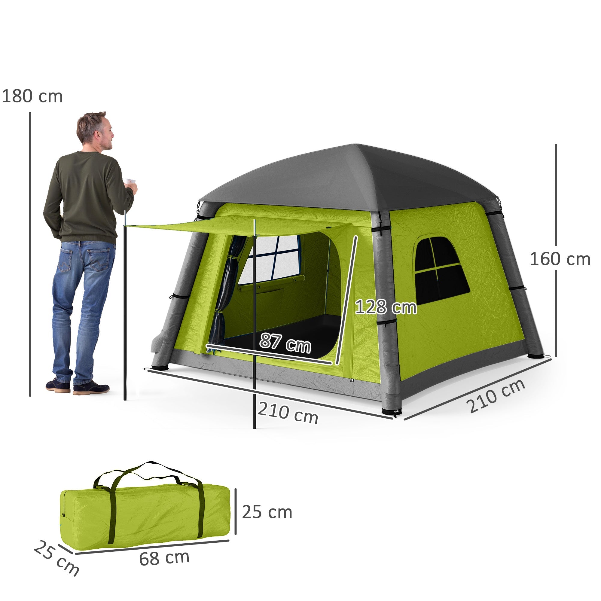 Outsunny Inflatable Camping Tent w/ Hand Pump, Easy Setup 1/2 Person Blow Up Tent Waterproof 190T Taffeta w/ Mesh Windows, Doors and Carry Bag, Green 