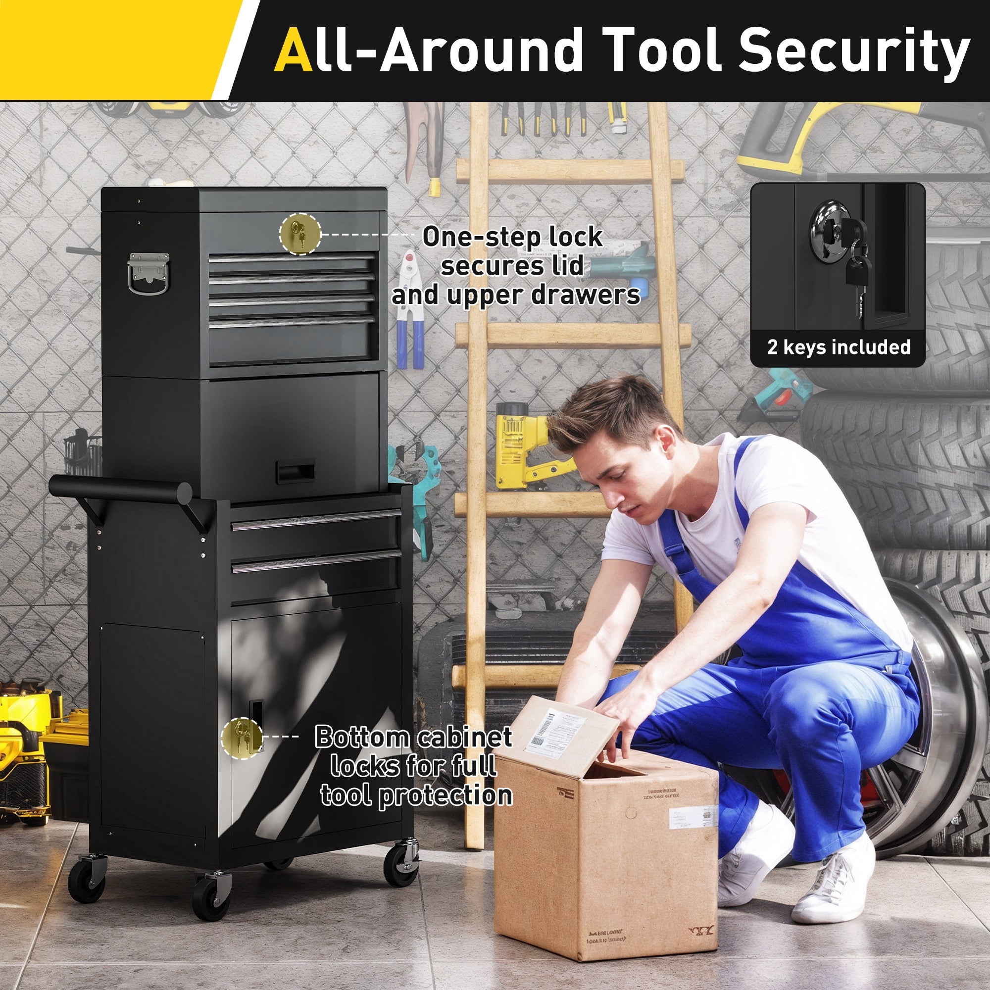 HOMCOM Three-Part Steel Locking Tool Chest - Black 