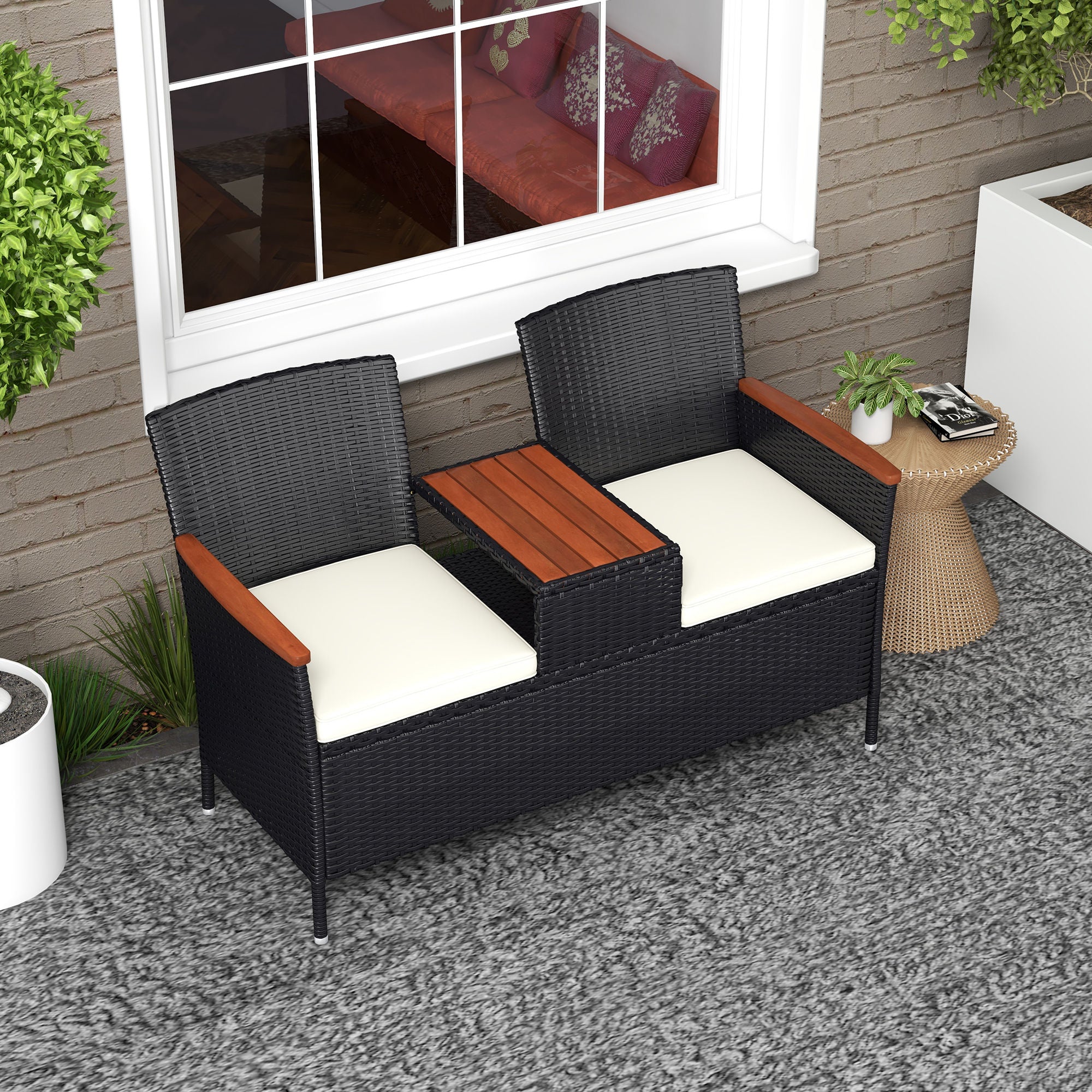 Outsunny Two-Seat Rattan Loveseat, with Wood-Top Middle Table - Black 