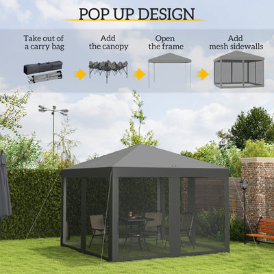 Outsunny 3 x 3\'c2\'a0m Pop Up Gazebo, 420D Garden Tent Canopy with Removable Mesh Sidewall Netting, Carry Bag for Garden Patio Outdoor, Light Grey 