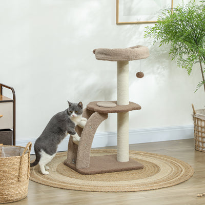 PawHut Cat Tree for Indoor Cats, 88cm Cat Tower with Sisal Scratching Post, Hanging Ball, Large Cat Perch, Stairs, Brown 
