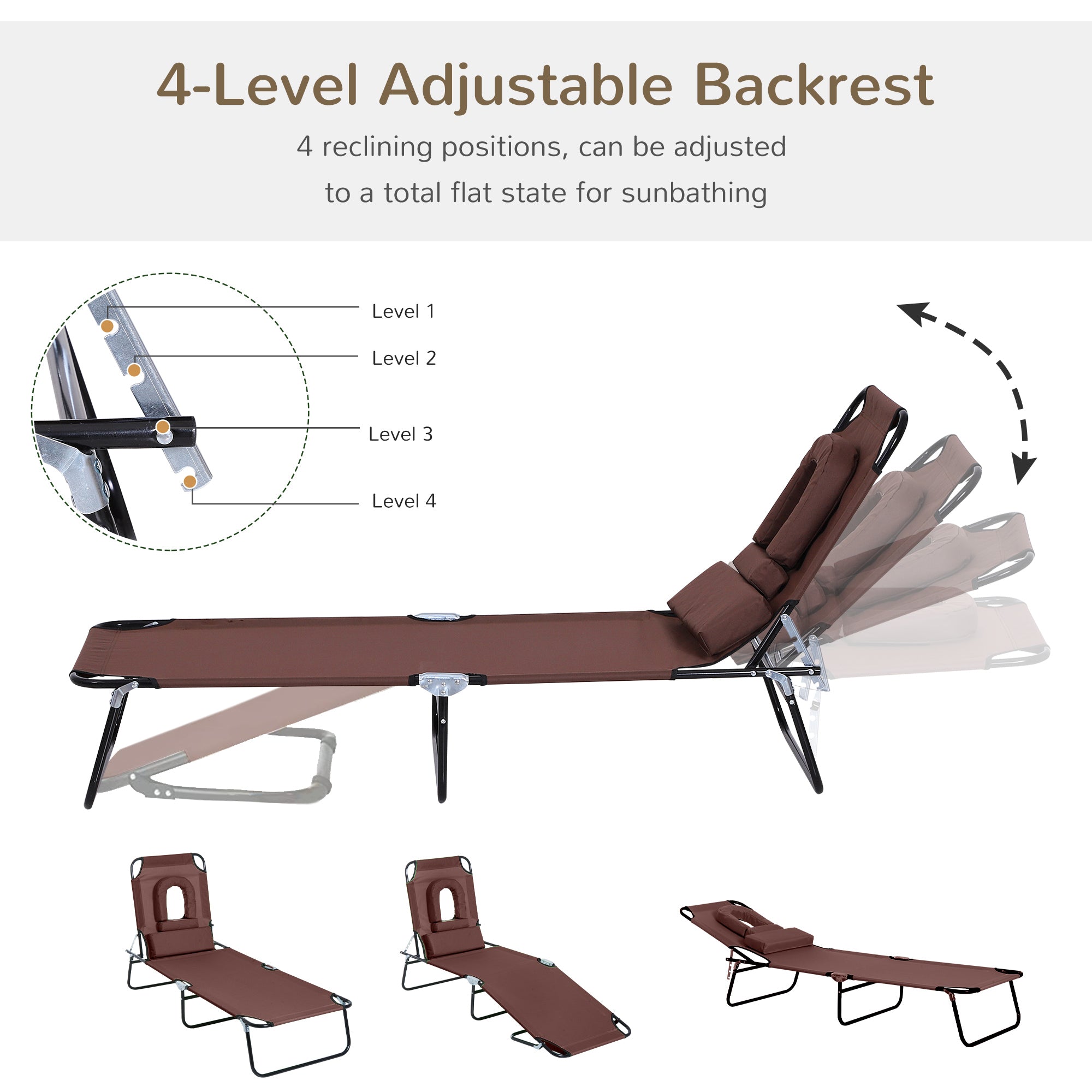 Outsunny Outdoor Foldable Sun Lounger, 4 Level Adjustable Backrest Reclining Sun Lounger Chair with Pillow and Reading Hole, Brown 