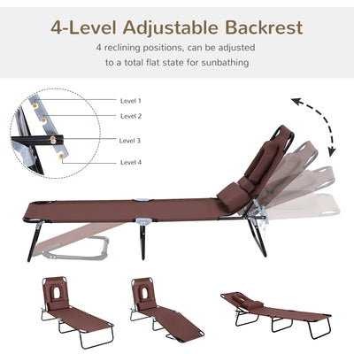 Outsunny Outdoor Foldable Sun Lounger, 4 Level Adjustable Backrest Reclining Sun Lounger Chair with Pillow and Reading Hole, Brown 