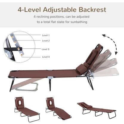 Outsunny Outdoor Foldable Sun Lounger, 4 Level Adjustable Backrest Reclining Sun Lounger Chair with Pillow and Reading Hole, Brown 