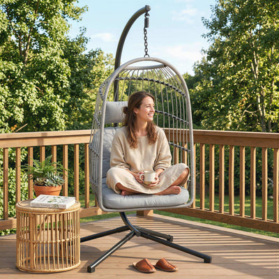 Outsunny Hanging Egg Chair, Indoor Outdoor Hammock Swing Chair with Stand, Safety Strap, Foldable Basket, Light Grey 