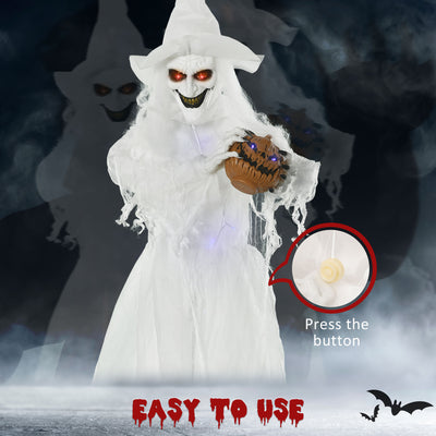 Outsunny 74 Inch Halloween Decorations White Witch Holding Pumpkin Head, Standing Skeleton Ghost Prop Life Size with Light Up Eyes and Body 