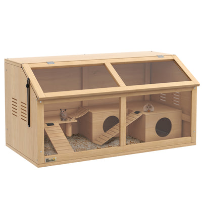 PawHut Hamster Cage, Wooden Small Animal Cage for Gerbils, Mice w/ Suspension Bridge, Openable Top, Hut, 85 x 45 x 44cm Nature 