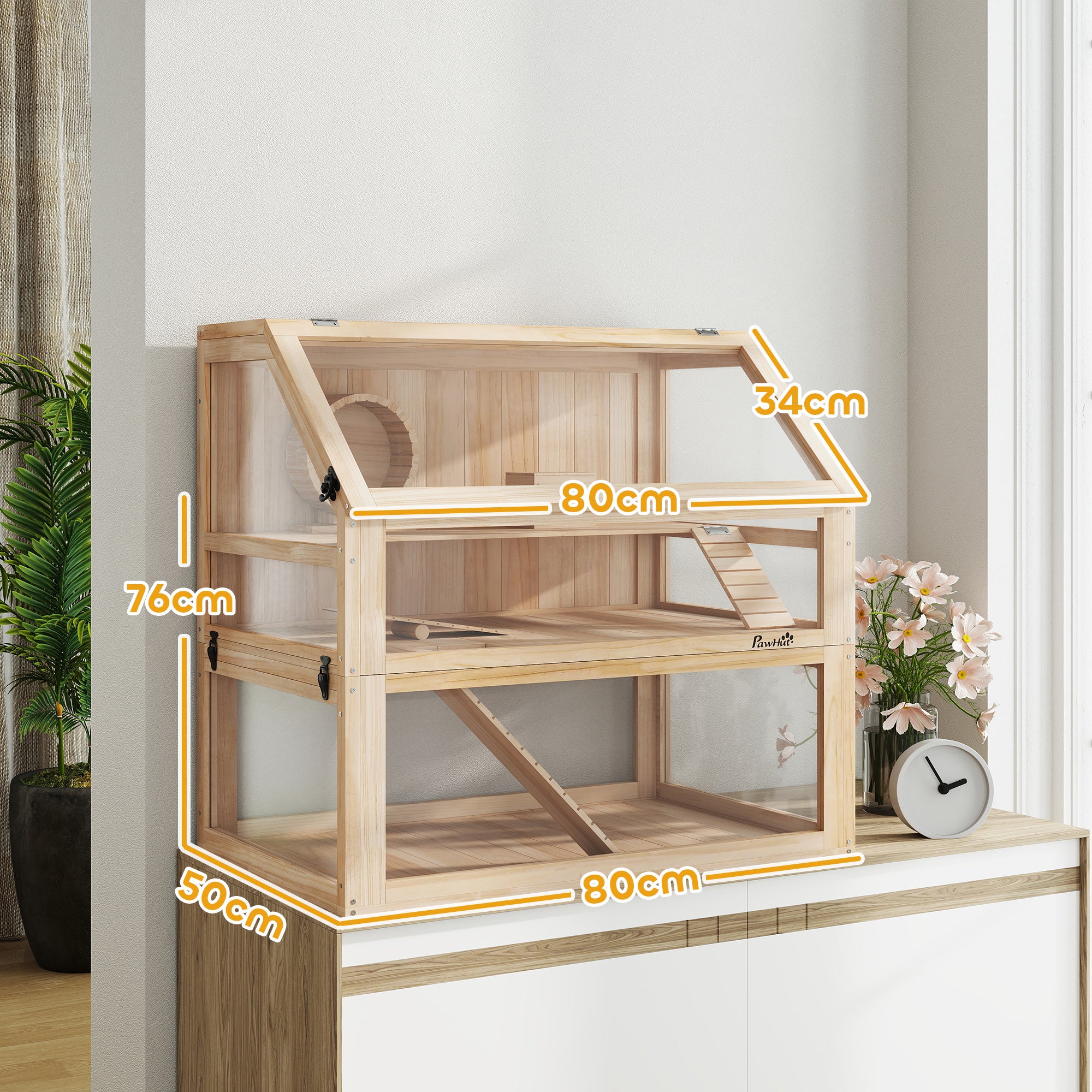 PawHut Wooden Hamster Cage with Detachable 31cm Deep Bottom, Hut, Seesaw, Exercise Wheel, Ramp, 80 x 50 x 76cm, Natural 