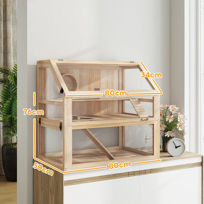 PawHut Wooden Hamster Cage with Detachable 31cm Deep Bottom, Hut, Seesaw, Exercise Wheel, Ramp, 80 x 50 x 76cm, Natural 