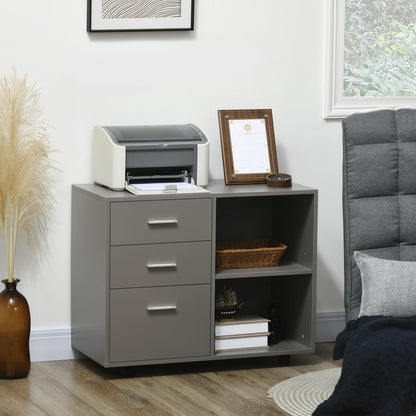 HOMCOM Freestanding Printer Stand Unit Office Desk Side Mobile Storage w/ Wheels 3 Drawers, 2 Open Shelves Modern Style 80L x 40W x 65H cm - Grey 