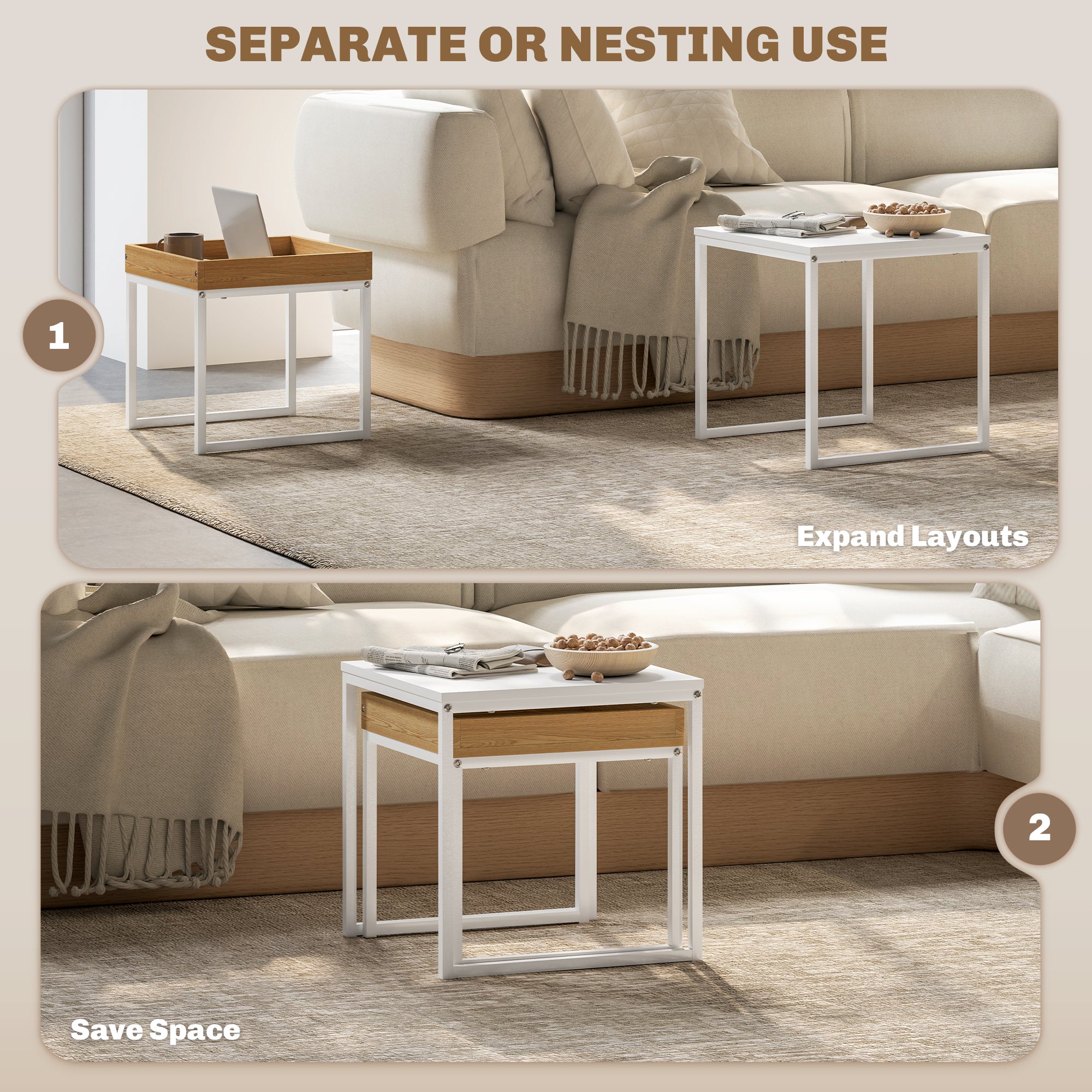 HOMCOM Set of Two Boxy Nesting Tables - White/Wood-Effect 