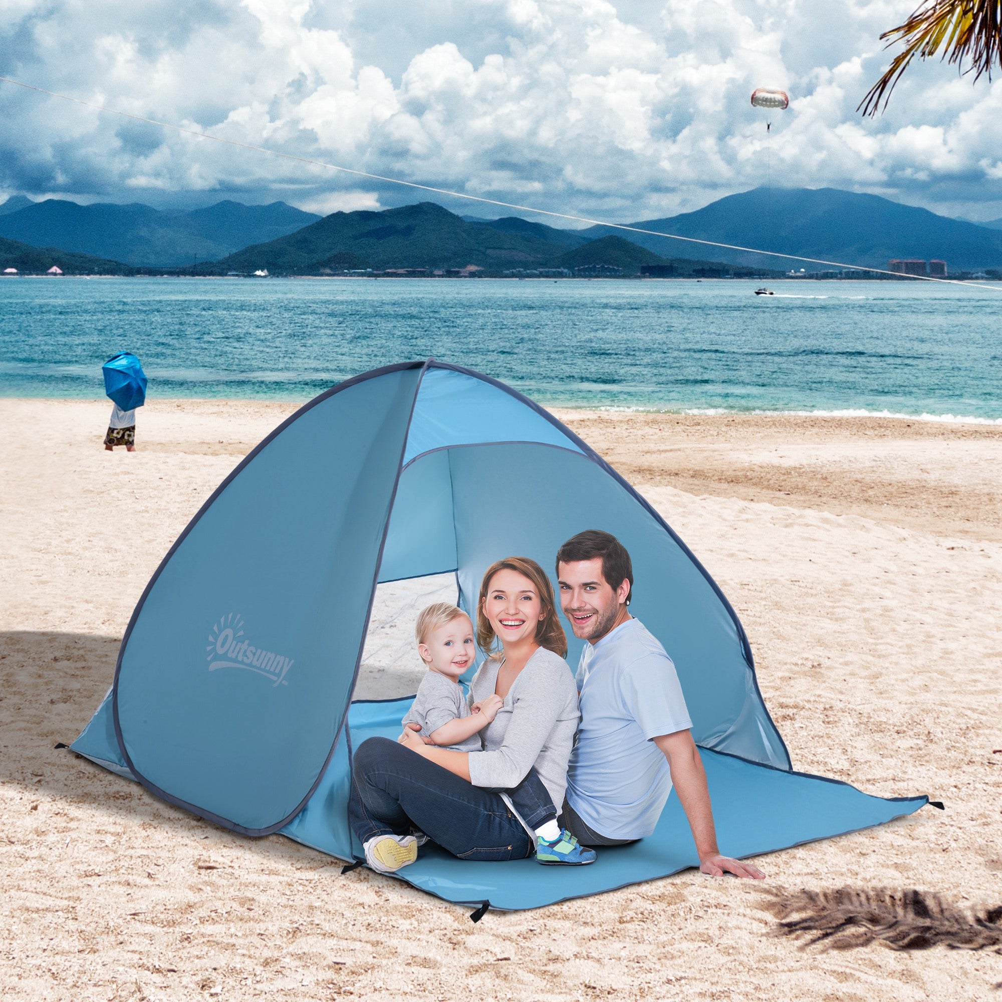 Outsunny 2-3 Person Pop up Beach Tent Hiking UV 30+ Protection Patio Sun Shelter (Blue) 