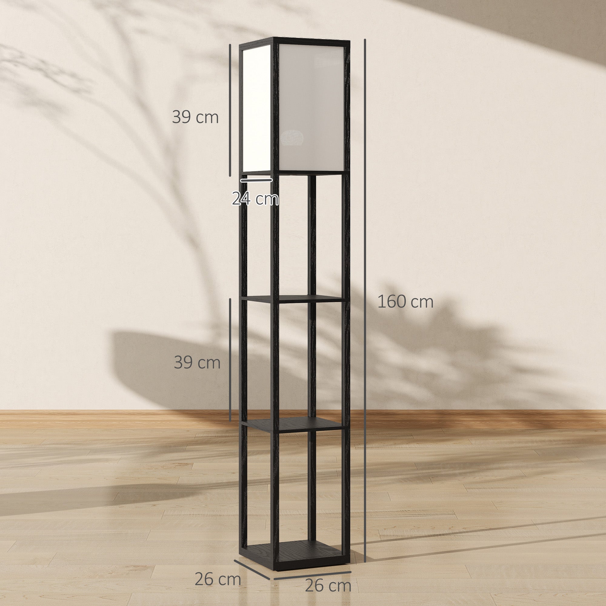 HOMCOM Floor Lamp with Shelves, 3 Layer Column Modern Standing Lamp for Living Room, Bedroom, Office, Bulb not Included, Black 