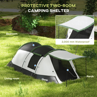 Outsunny Three-Man Camping Tent, with Two Rooms and Porch - Green 