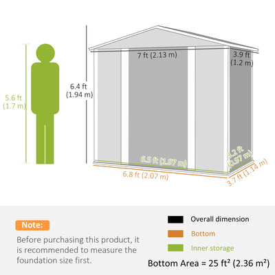 Outsunny 7 x 4ft Garden Shed, Easy to Assemble, Upgraded Galvanised Steel Frame with Foundation Kit, Double Doors with Lock, Outdoor Metal Shed with Vents and Gloves, Garden Storage Shed, Light Grey 