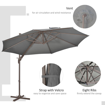 Outsunny 3(m) Cantilever Parasol 360\'c2\'b0 Rotation Roma Umbrella Hanging Sun Shade with Aluminium Frame, Tilt Crank, 8 Ribs and Cross Base, Dark Grey
