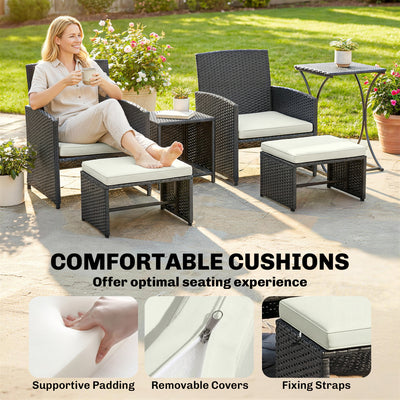 Outsunny 6 Piece Rattan Garden Furniture, Space-Saving Patio Furniture Set with Nesting Tables, Chairs, Stools, Cushions, Black 