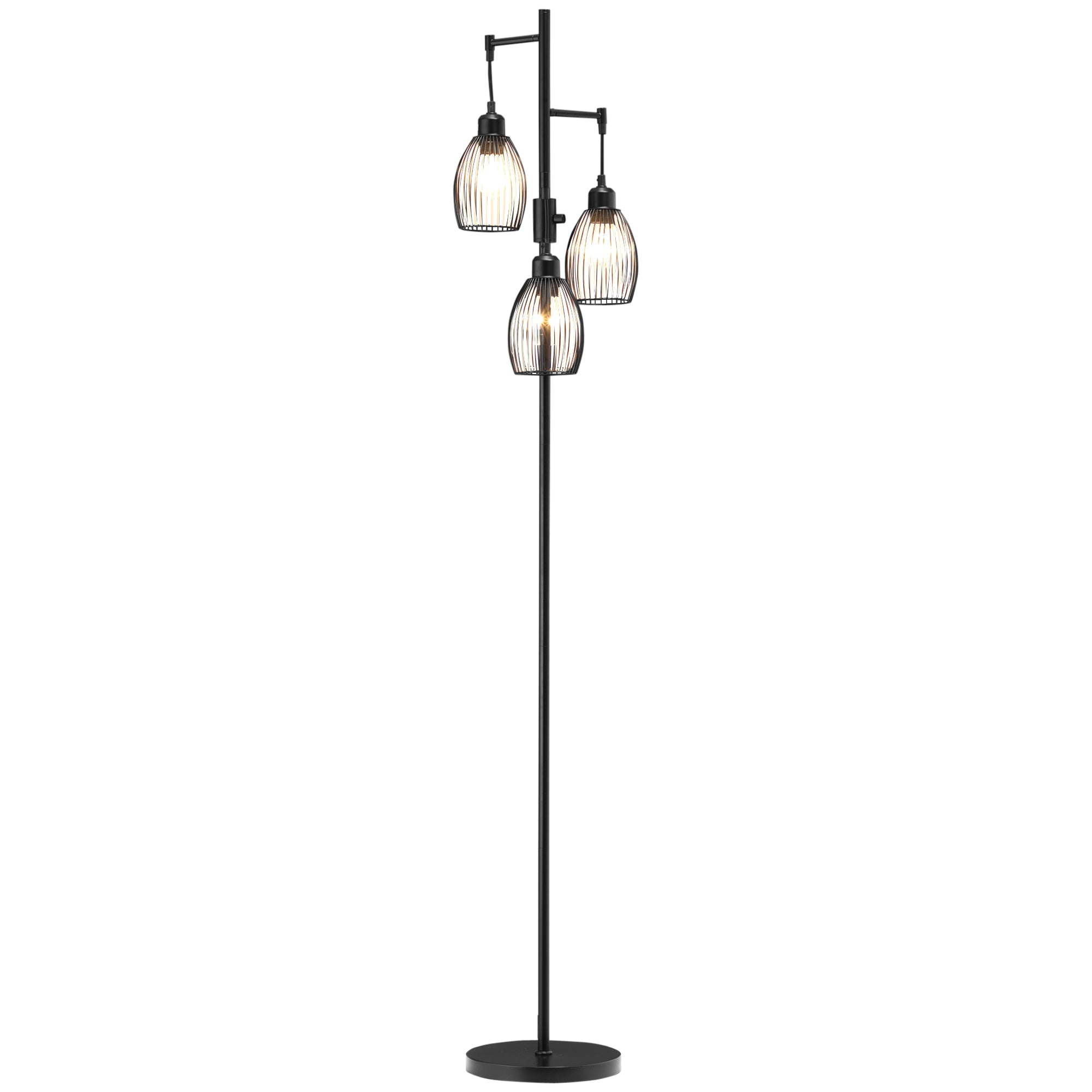 HOMCOM 170cm Industrial 3-Light Floor Lamp, Dimmable Standing Lamp with Steel Lampshades for Living Room, Bedroom, Dinging Room, Study, Black 