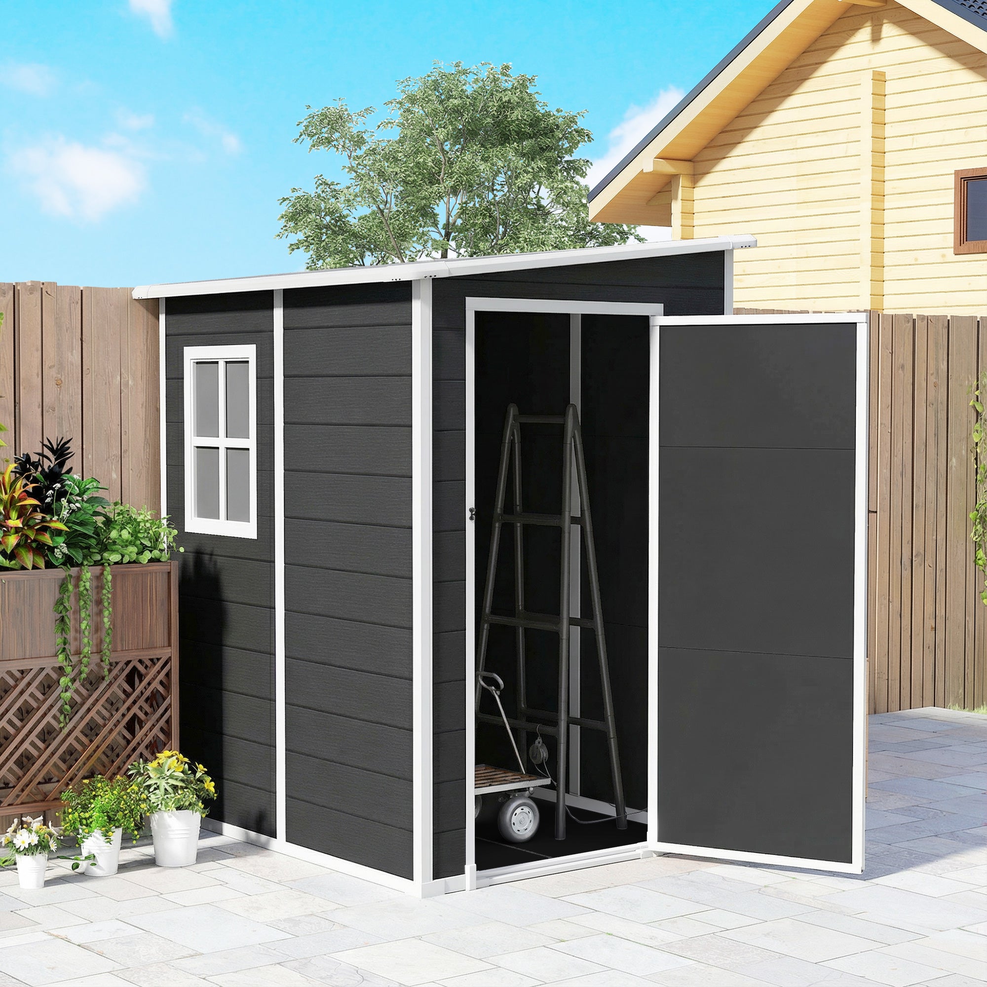 Outsunny 4'x5' Garden Storage Shed, Lean to Shed, Lockable Garden Shed with Window, Vent and Plastic Roof, Black 