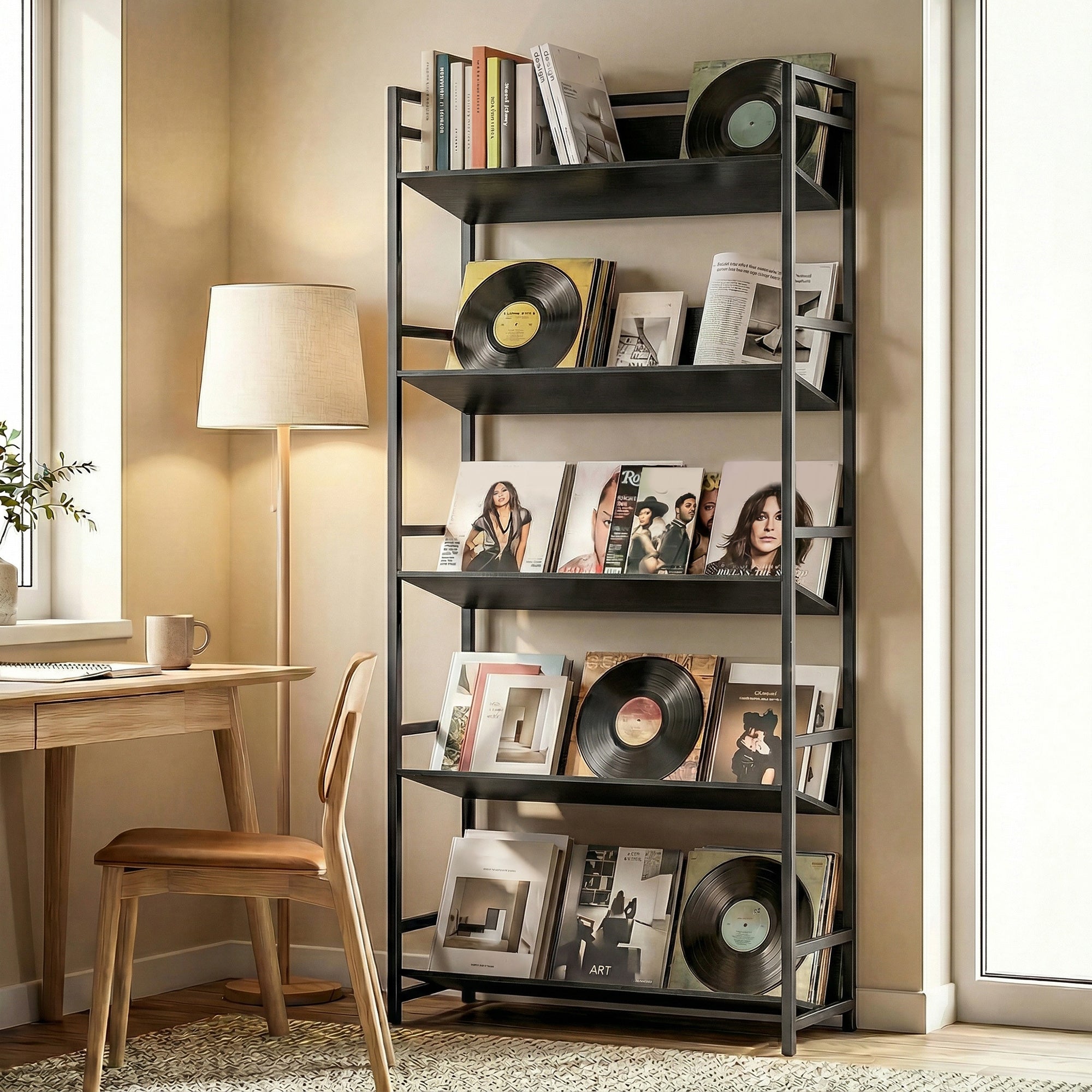 HOMCOM Bookshelf 5-Tier Metal Frame Bookcase Storage Shelves for Living Room Black 