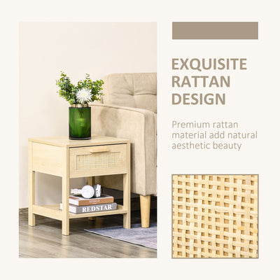 HOMCOM Bedside Table, Nightstand with Rattan Drawer and Storage Open Shelf, Farmhouse Side Table for Bedroom, Living Room, Set of 2 