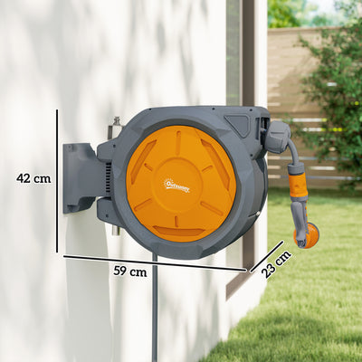 Outsunny Retractable Hose Reel Wall Mounted, 30+2m Garden Hose Pipe Reel with Lock, Auto Rewind, 7 in 1 Spray Nozzle, Includes Wall Fixings, 180° Swivel, Outdoor Watering, Orange 