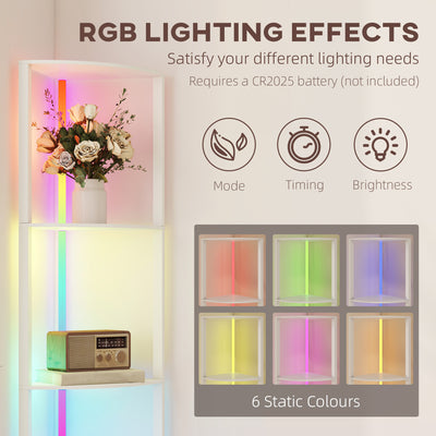 HOMCOM RGB LED Floor Lamp with Shelves, 5-Tier Dimmable Standing Lamp with Adjustable Brightness and Remote Control, Modern Corner Display Shelf Unit for Living Room Bedroom Office, White 