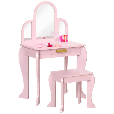 HOMCOM Kids Dressing Table Set, with Mirror and Drawer - Pink 