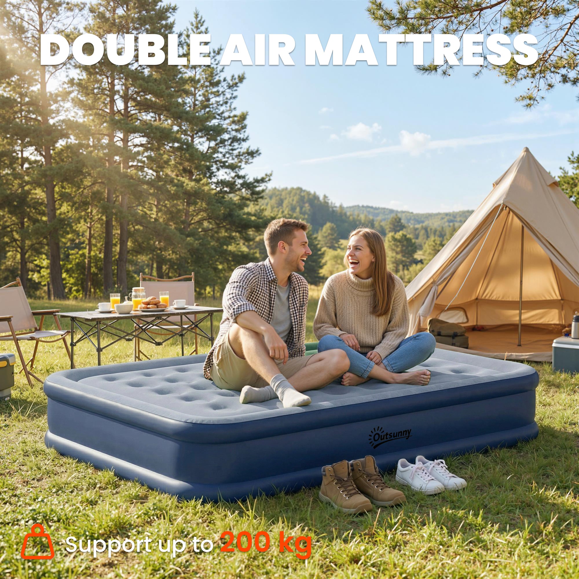 Outsunny Inflatable Mattress, Double Air Bed with Built-in Electric Pump, 3 Mins Inflation, Flocked Surface, Grey 