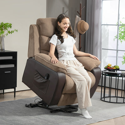 HOMCOM Power Lift Recliner Chair for Elderly, Patchwork Design Oversized Electric Riser and Recliner Armchair for Living Room with Remote Control, USB Port and 2 Side Pockets, Brown 