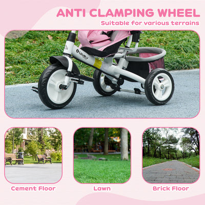 HOMCOM 6 in 1 Kids Trike with Parent Handle, Canopy, 5-point Safety Belt, Storage, Footrest, Brake, for 1-5 Years, Pink 