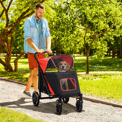 PawHut Foldable Pet Stroller, with Universal Wheels, Shock Absorber, for Medium and Large Dogs - Red 