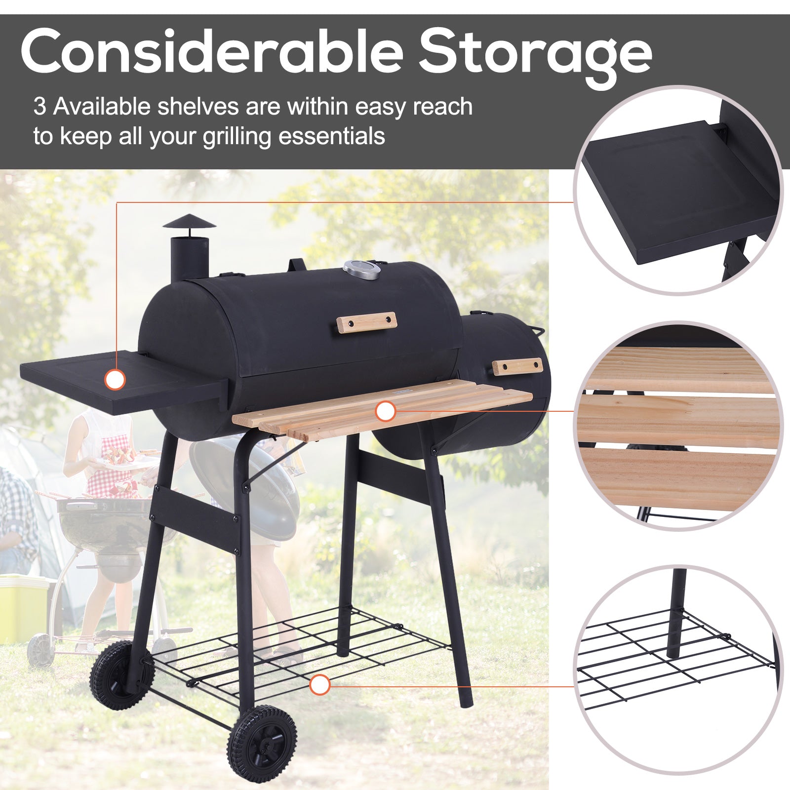 Outsunny Portable Charcoal BBQ Grill, Cold-rolled Steel, Solid Wood, 104H x 124L x53W cm-Black 