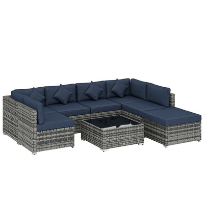 Outsunny 8 Pieces PE Rattan Corner Sofa Set, Outdoor Garden Furniture Set, Patio Wicker Sofa Seater w/ Cushion, Dark Blue 
