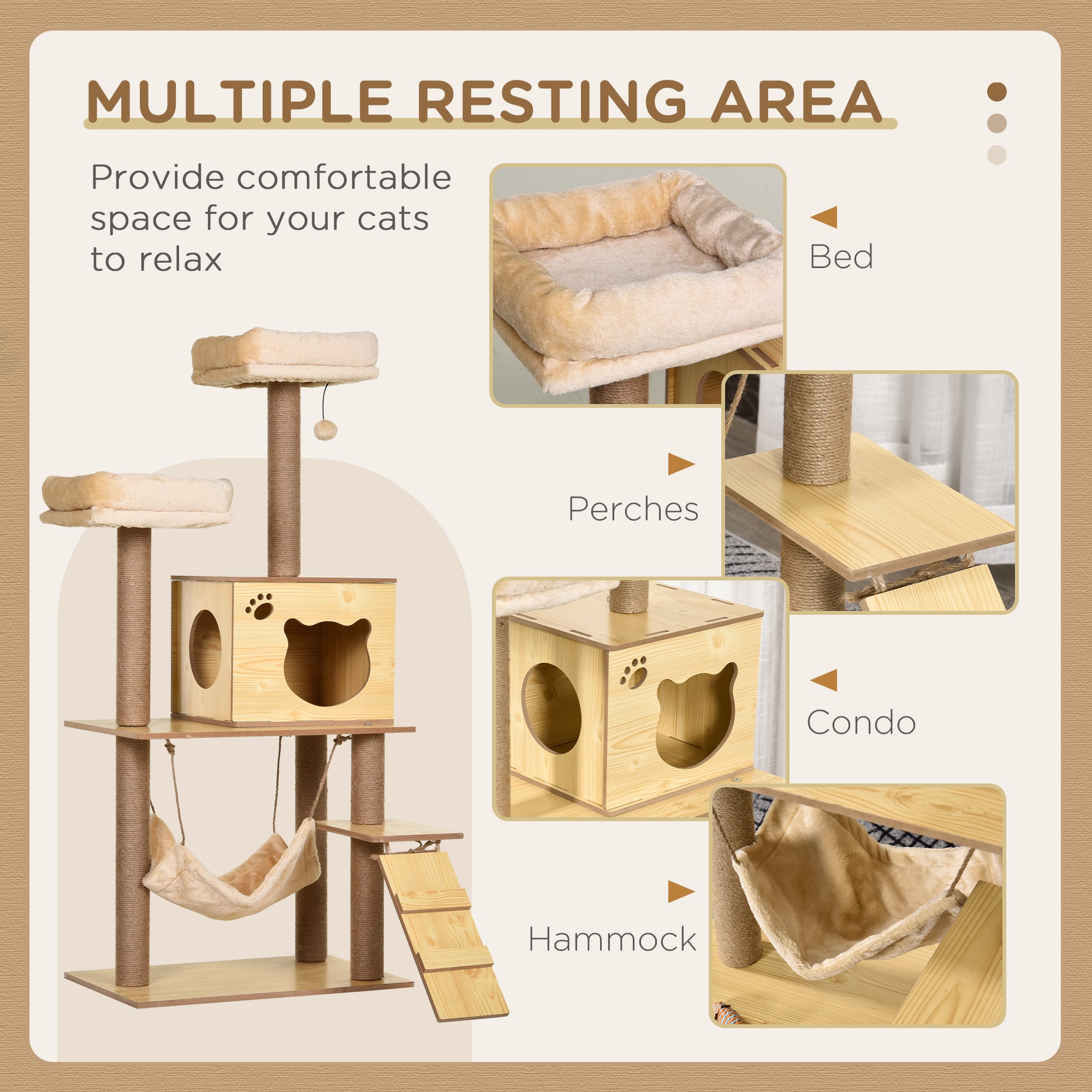 PawHut 130cm Cat Tree for Indoor Cats, Multi-Level Plush Cat Tower, with Five Scratching Posts, Two Perches, Cat House, Hammock 
