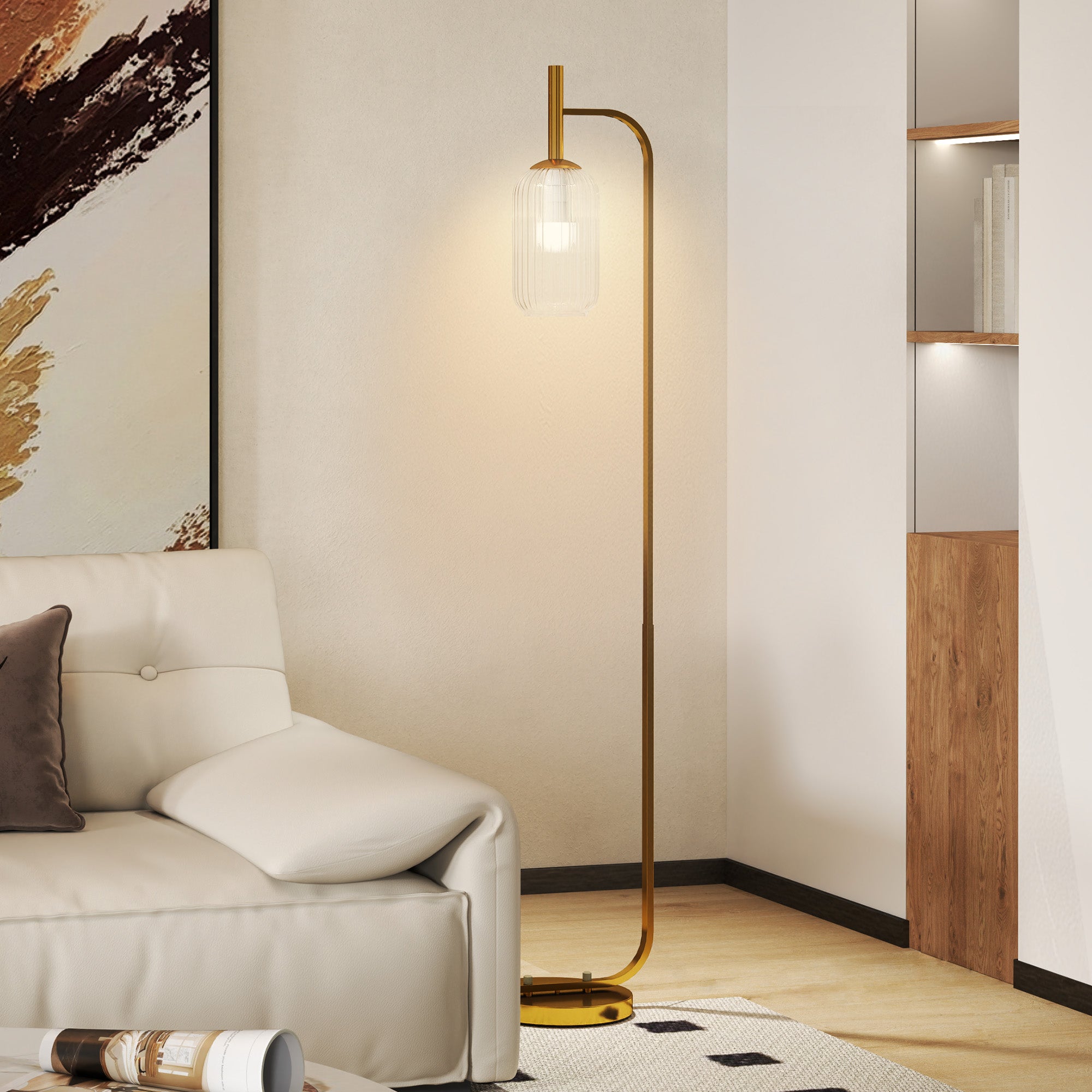 HOMCOM Floor Lamp for Living Room with Glass Lampshade, Modern Standing Lamp with Foot Switch for Bedroom, Bulb not Included, Gold Tone 
