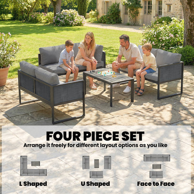 Outsunny 6 Seater Metal Garden Furniture Corner Sofa Set with 3 Loveseats, Faux Wood Table, Texteline Seat, Cushions, Dark Grey 