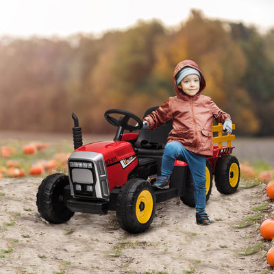HOMCOM Ride On Tractor, Battery Powered Electric Car, with Detachable Trailer, Remote Control, Music - Red 
