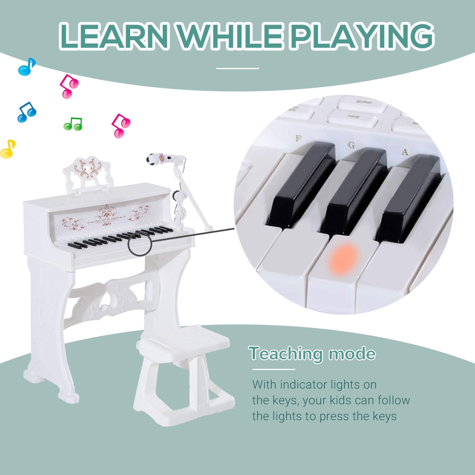 HOMCOM 37 Keys Kids Piano Mini Electronic Keyboard Light Kids Musical Instrument Educational Game Children Grand Piano Toy Set w/Stool & Microphone & Music Stand (White) 