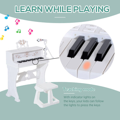 HOMCOM 37 Keys Kids Piano Mini Electronic Keyboard Light Kids Musical Instrument Educational Game Children Grand Piano Toy Set w/Stool & Microphone & Music Stand (White) 