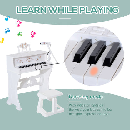 HOMCOM 37 Keys Kids Piano Mini Electronic Keyboard Light Kids Musical Instrument Educational Game Children Grand Piano Toy Set w/Stool & Microphone & Music Stand (White) 