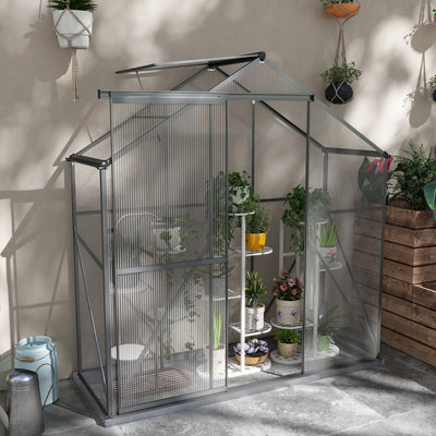 Outsunny 6 x 2.5ft Polycarbonate Greenhouse Walk-In Green House with Rain Gutter, Sliding Door, Window, Foundation, Dark Grey 
