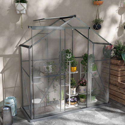 Outsunny 6 x 2.5ft Polycarbonate Greenhouse Walk-In Green House with Rain Gutter, Sliding Door, Window, Foundation, Dark Grey