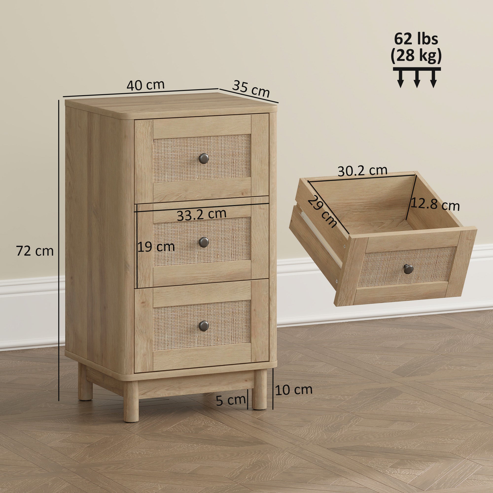 HOMCOM 40 cm Drawer Chest of Drawers with 3 Drawer - Oak 
