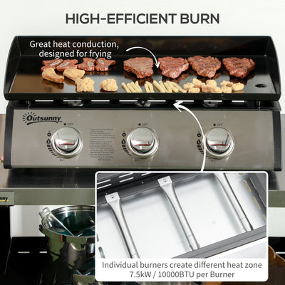 Outsunny 3 Burner Gas Plancha BBQ Grill with Lid, Black 