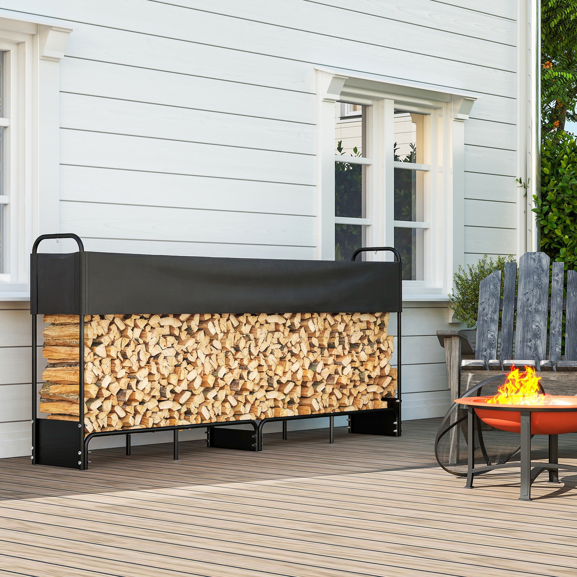 Outsunny 8.5ft Firewood Rack, Heavy Duty Log Storage Holder with Waterproof 600D Oxford Log Cover for Fireplace Fire Pits Outdoor Patio Wood Storage, 500 kg Large Capacity, Black 