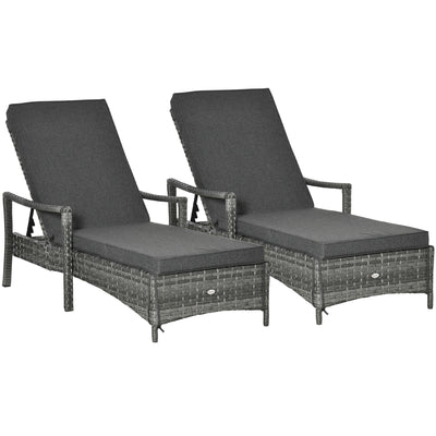 Outsunny PE Rattan Sun Loungers set of 2 with Cushion, Outdoor 2 Pieces Garden Sunbed Furniture with 4-Level Recliner Backrest, and Armrest, Grey 